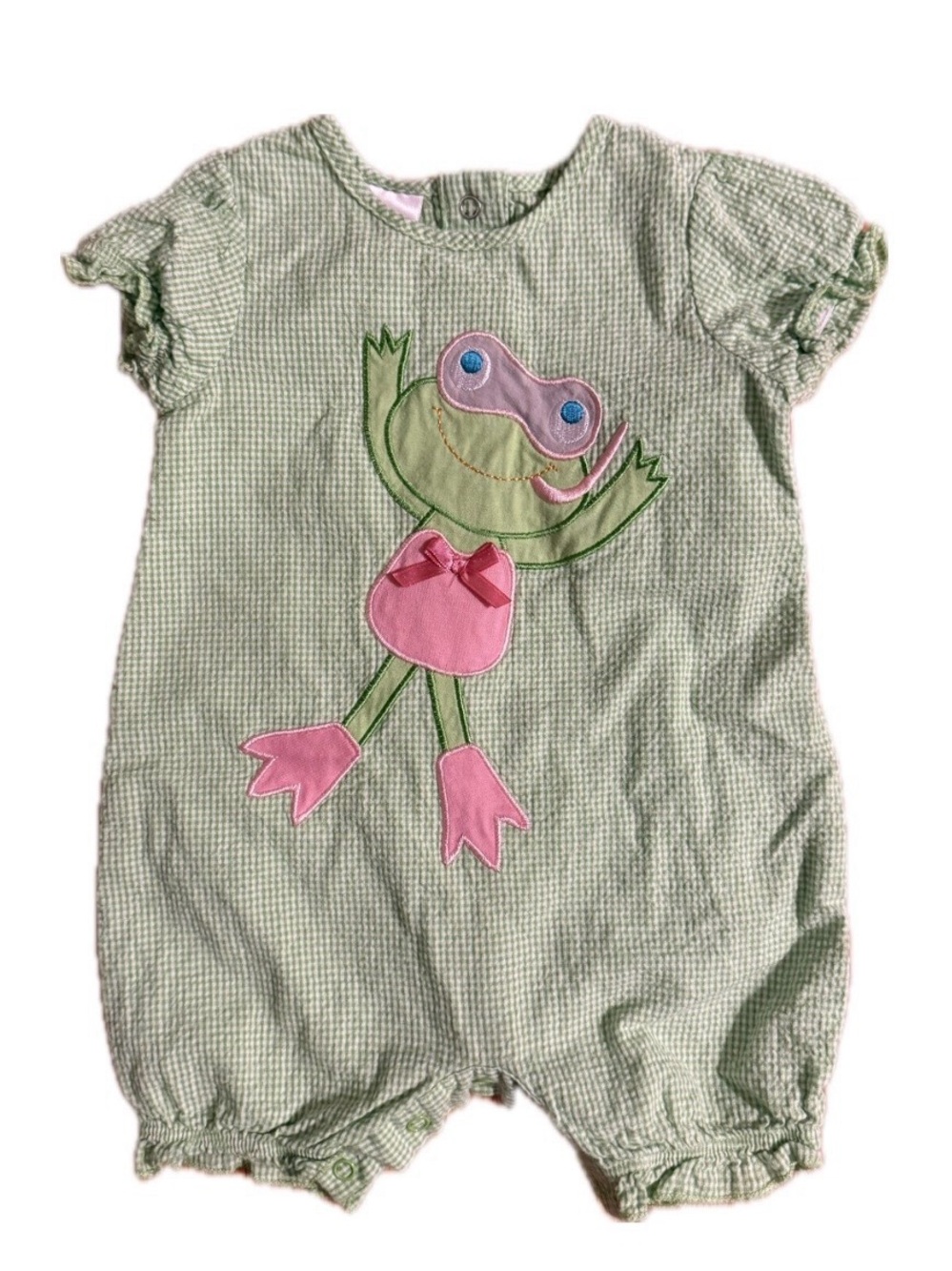Cre8ions Baby Girl Green Check Romper With Pink Frog Appliqué